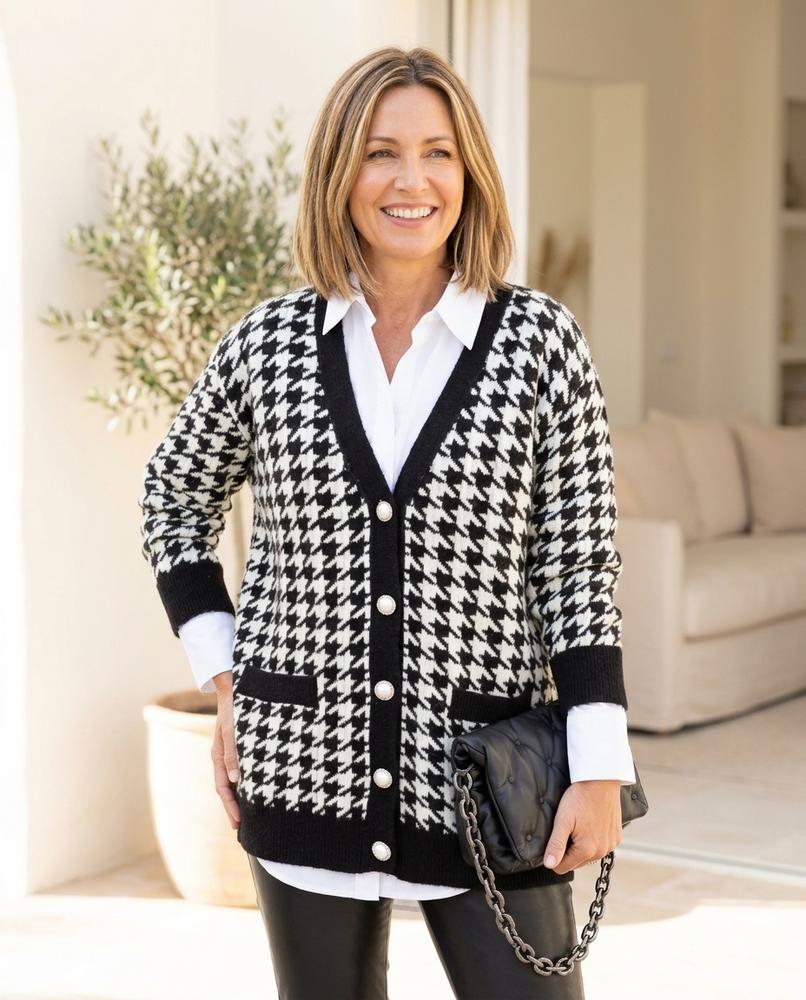 ExpressOutlet24 - Niven | Houndstooth Patterned Button-Front Knit Cardigan Women