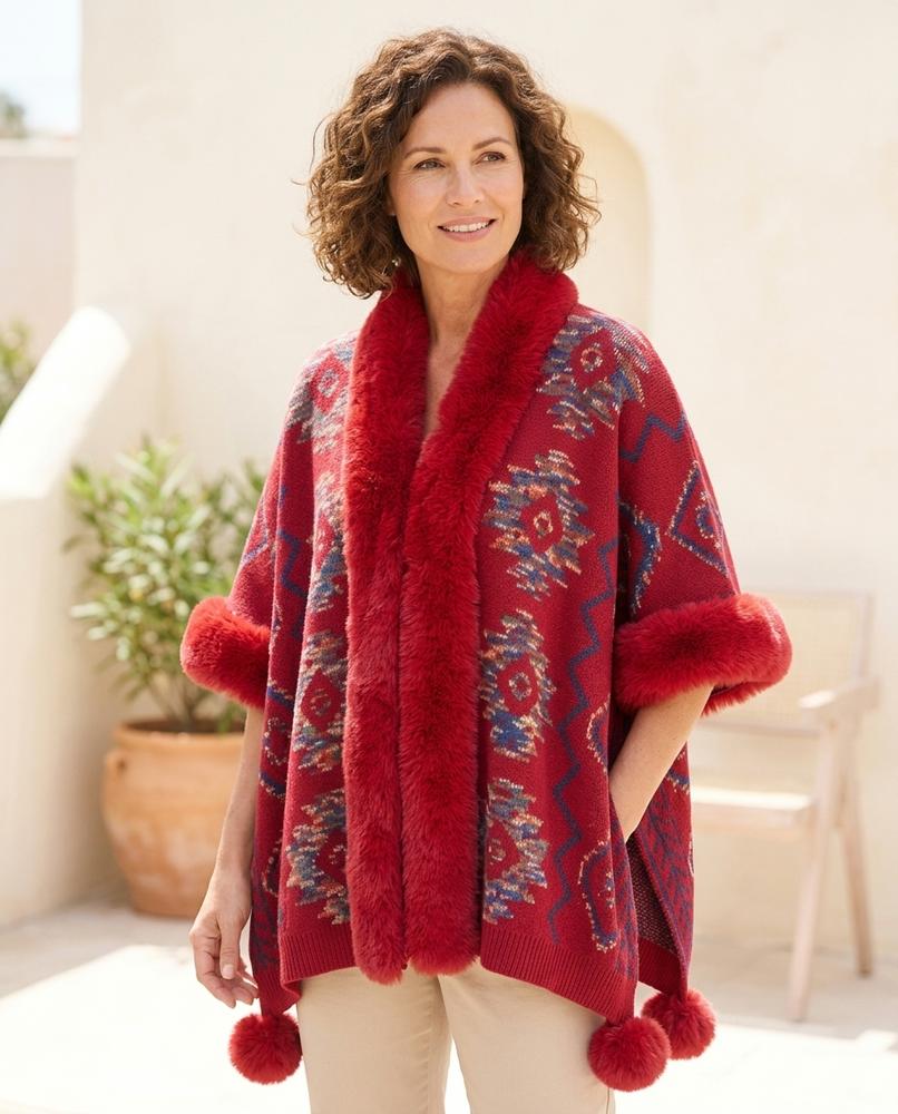 ExpressOutlet24 - Zelom | Faux Fur-Trimmed Patterned Knit Cardigan Women