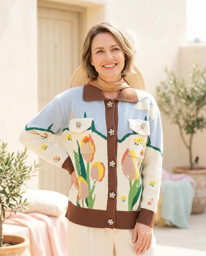ExpressOutlet24 - Norel | Jacquard Collared Knit Cardigan Women