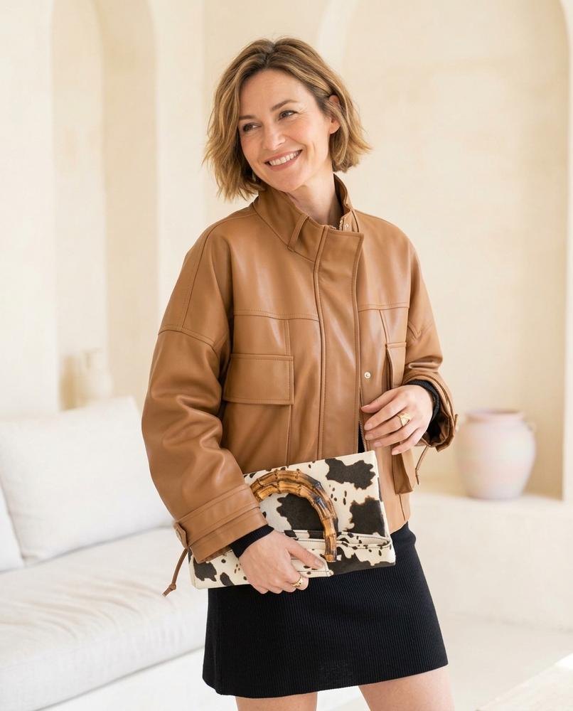 ExpressOutlet24 - Naron | Boxy-Fit Stand-Collar Leather Jacket Women