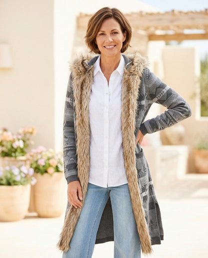 ExpressOutlet24 - Ridar | Patterned Faux-Fur-Trimmed Knit Cardigan Women