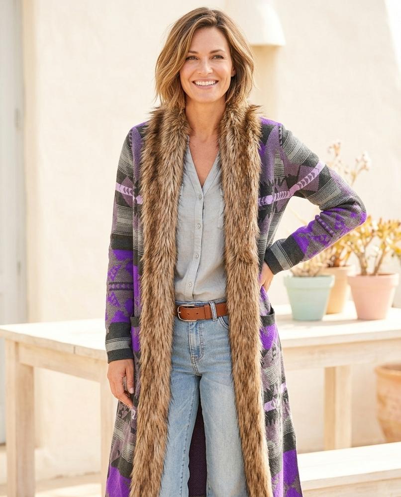 ExpressOutlet24 - Ridar | Patterned Faux-Fur-Trimmed Knit Cardigan Women
