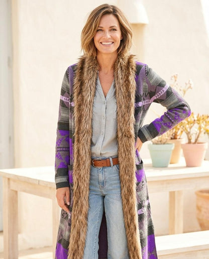 ExpressOutlet24 - Ridar | Patterned Faux-Fur-Trimmed Knit Cardigan Women