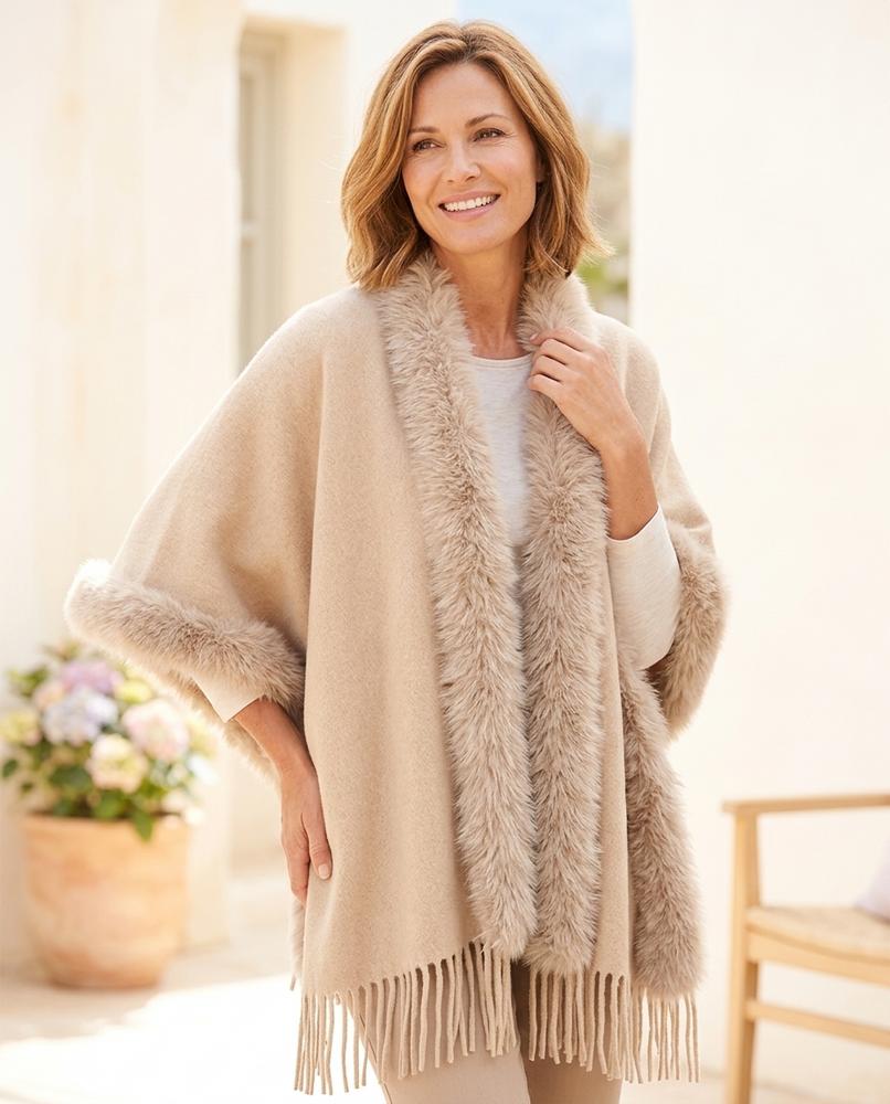 ExpressOutlet24 - Kamer | Faux-Fur Trimmed Fringed-Hem Cardigan Women