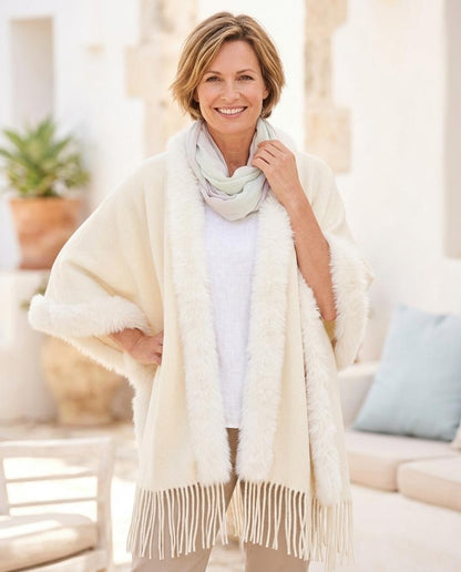 ExpressOutlet24 - Kamer | Faux-Fur Trimmed Fringed-Hem Cardigan Women