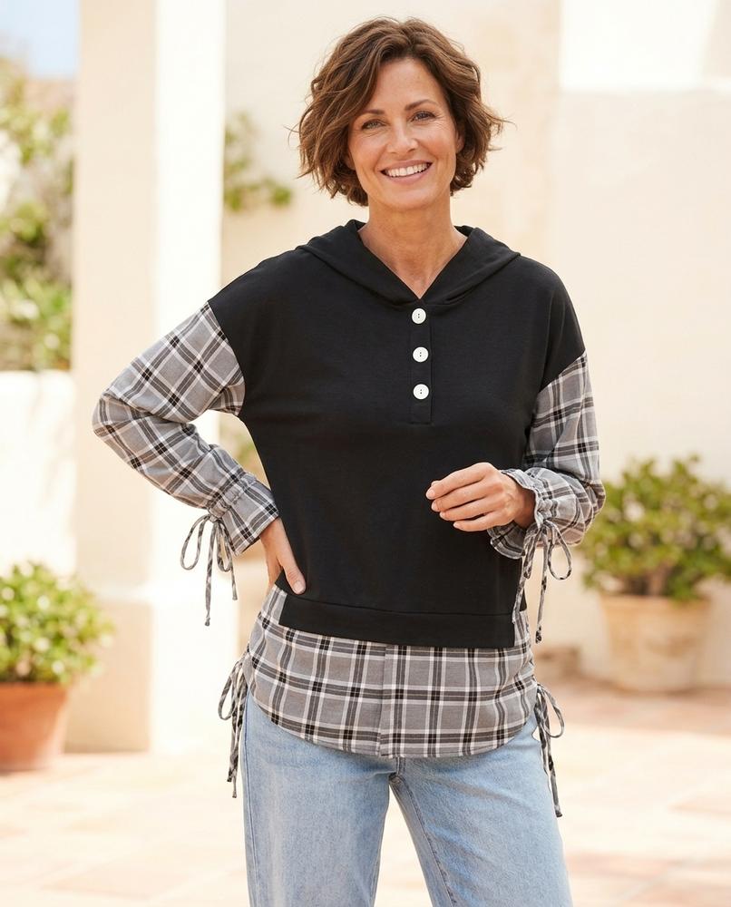 ExpressOutlet24 - Davel | Layered-Look Plaid-Sleeve Hoodie Women
