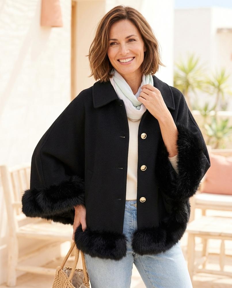 ExpressOutlet24 - Zelen | Fur-Trimmed Cape-Style Jacket Women