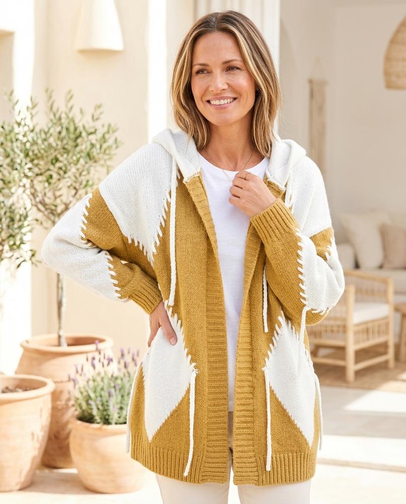 ExpressOutlet24 - Kamon | Color-Block Contrast-Stitched Knit Cardigan Women