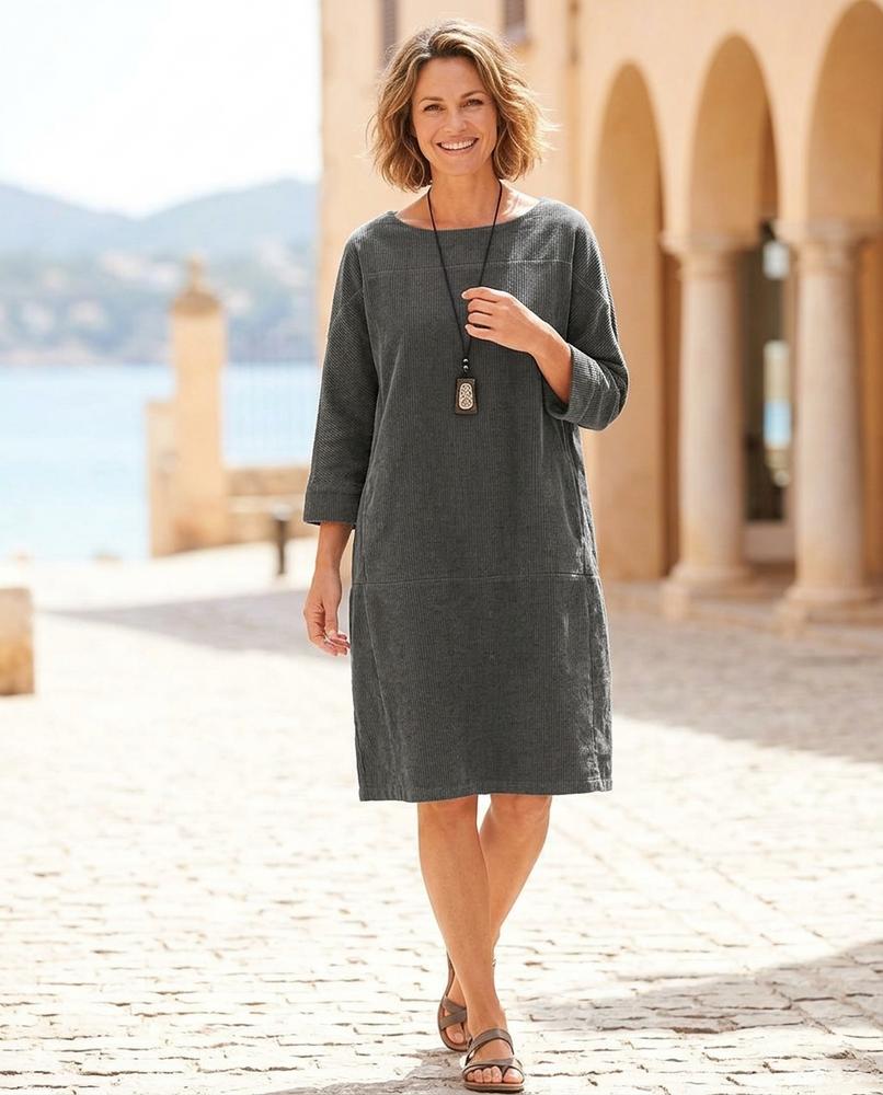 ExpressOutlet24 - Ellom | Corduroy Three-Quarter Sleeve Dress Women