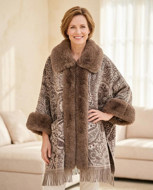 ExpressOutlet24 - Alken | Paisley-Patterned Faux Fur-Trimmed Cape Women