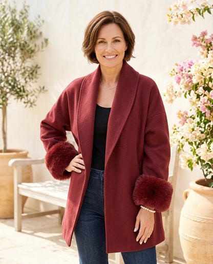 ExpressOutlet24 - Tisen | Open-Front Fur-Trimmed Coat Women