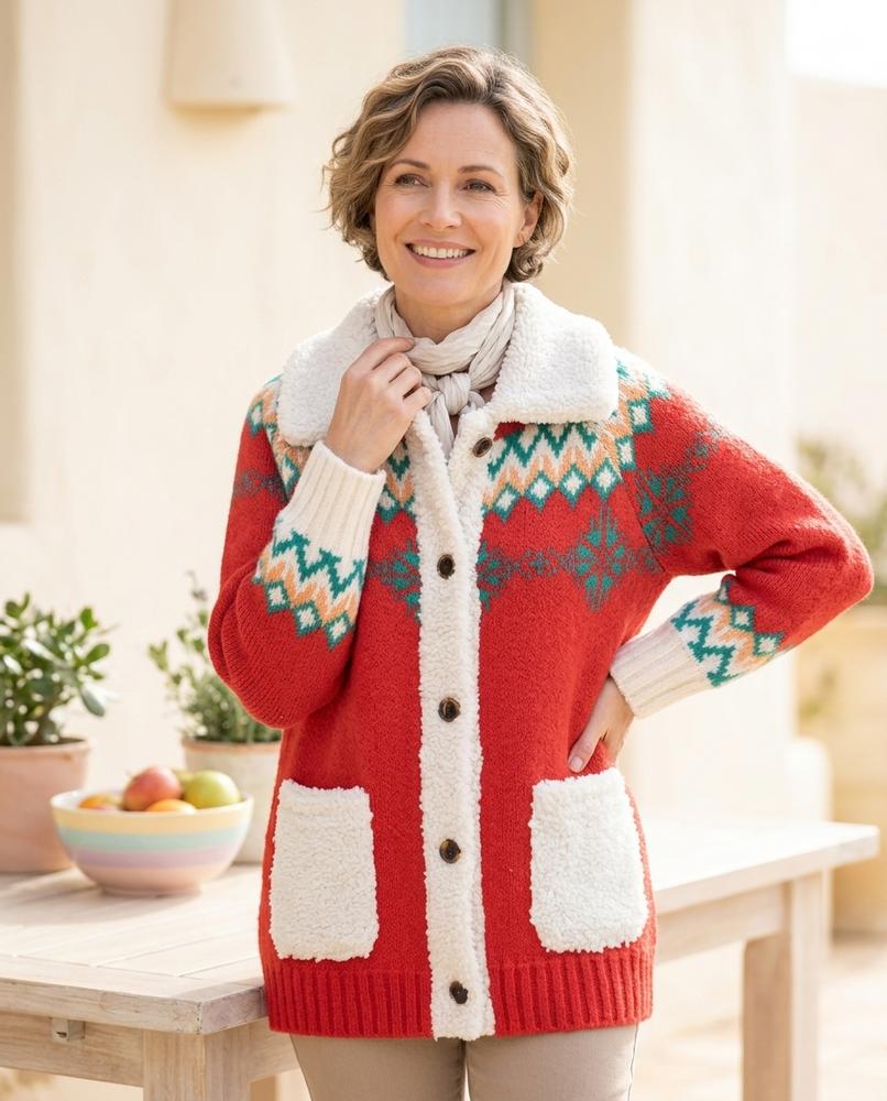 ExpressOutlet24 - Kemon | Sherpa-Lined Patterned Knit Cardigan Women