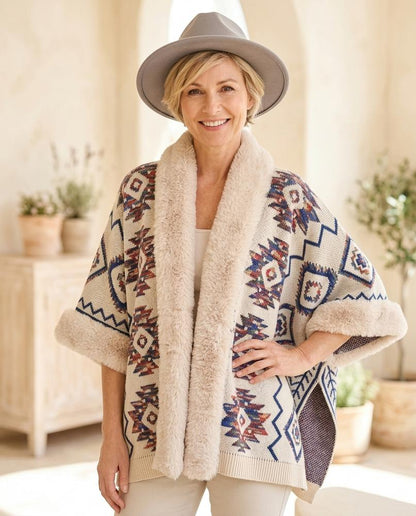 ExpressOutlet24 - Zelom | Faux Fur-Trimmed Patterned Knit Cardigan Women