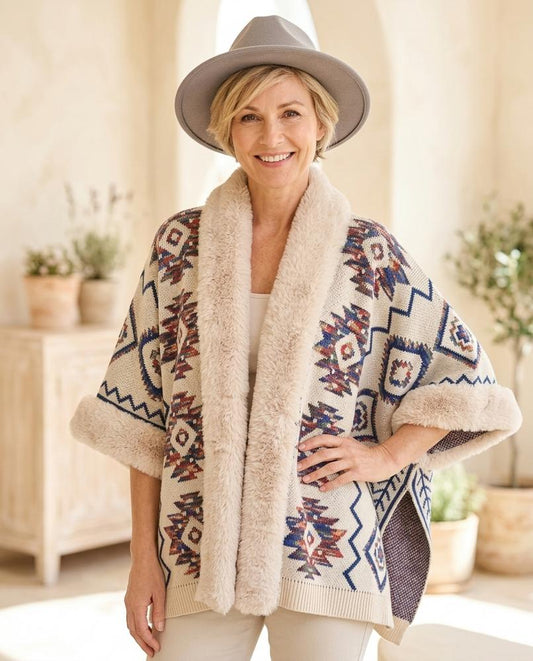 ExpressOutlet24 - Zelom | Faux Fur-Trimmed Patterned Knit Cardigan Women