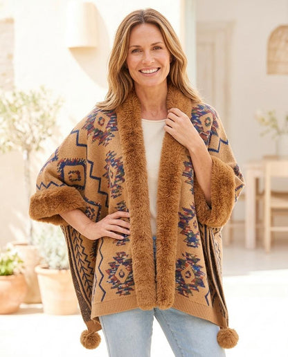 ExpressOutlet24 - Zelom | Faux Fur-Trimmed Patterned Knit Cardigan Women