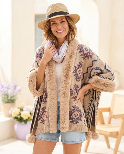 ExpressOutlet24 - Zelom | Faux Fur-Trimmed Patterned Knit Cardigan Women