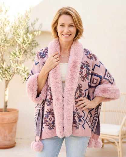 ExpressOutlet24 - Zelom | Faux Fur-Trimmed Patterned Knit Cardigan Women