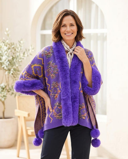 ExpressOutlet24 - Zelom | Faux Fur-Trimmed Patterned Knit Cardigan Women