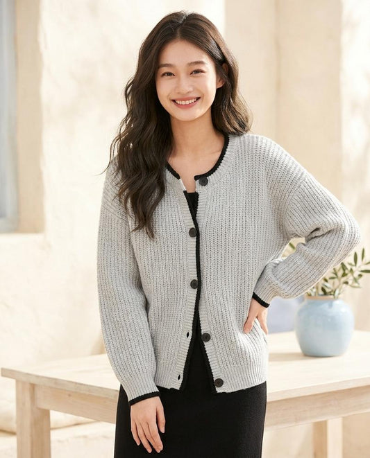ExpressOutlet24 - Dazan | Rib-Knit Contrast-Trim Knit Cardigan Women