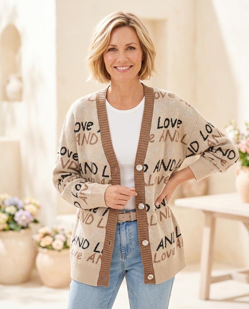 ExpressOutlet24 - Rirev | V-Neck Letter-Print Knit Cardigan Women