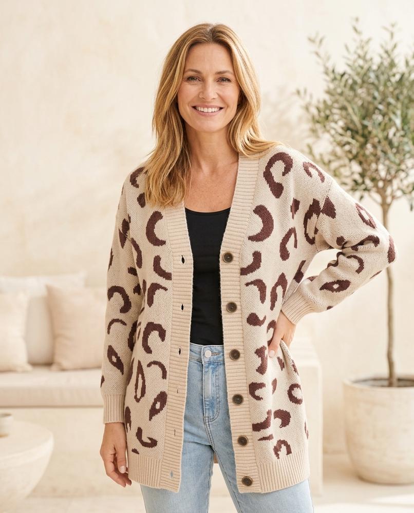 ExpressOutlet24 - Koras | Leopard Print Button-Front Knit Cardigan Women