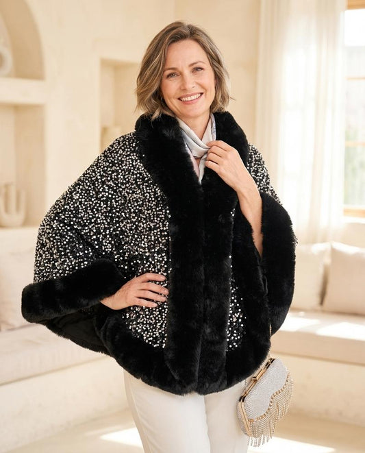 ExpressOutlet24 - Eobon | Sequin-Embellished Faux Fur-Trimmed Jacket Women