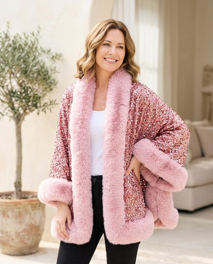 ExpressOutlet24 - Eobon | Sequin-Embellished Faux Fur-Trimmed Jacket Women