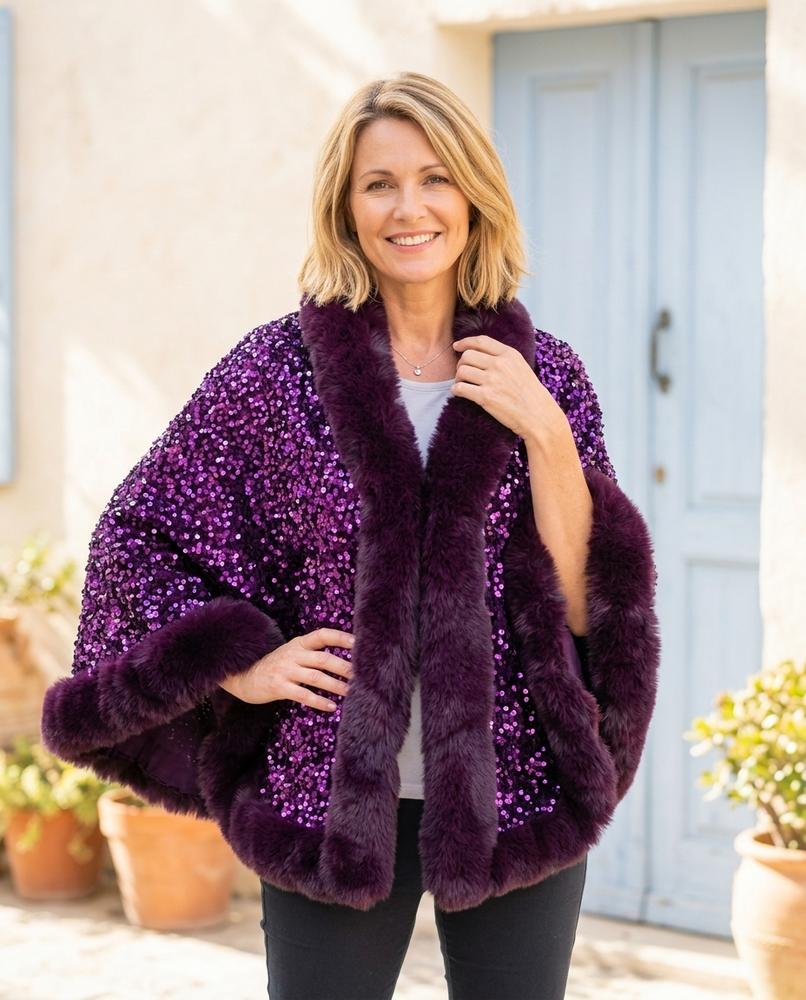 ExpressOutlet24 - Eobon | Sequin-Embellished Faux Fur-Trimmed Jacket Women