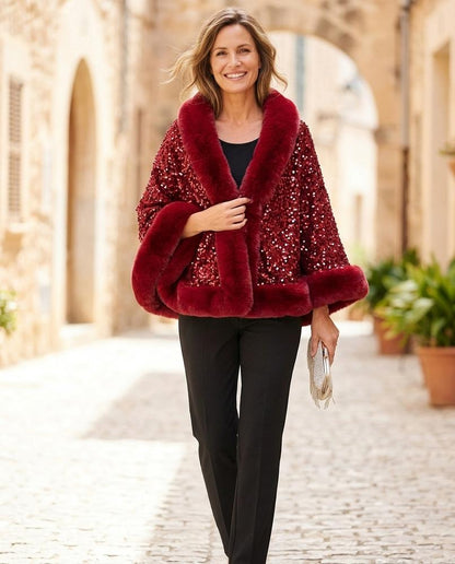 ExpressOutlet24 - Eobon | Sequin-Embellished Faux Fur-Trimmed Jacket Women
