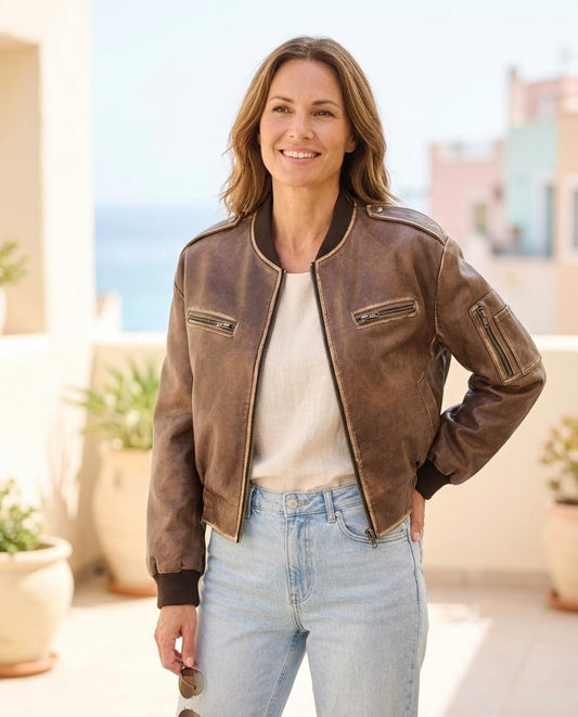 ExpressOutlet24 - Aibol | Distressed Cropped Leather Jacket Women