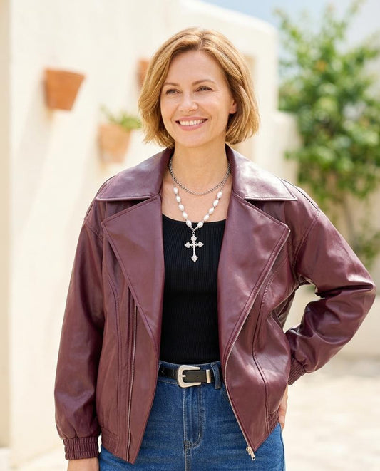 ExpressOutlet24 - Sekek | Asymmetrical Relaxed-Fit Leather Jacket Women