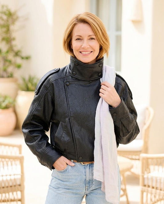 ExpressOutlet24 - Cimun | High-Neck Relaxed-Fit Leather Jacket Women