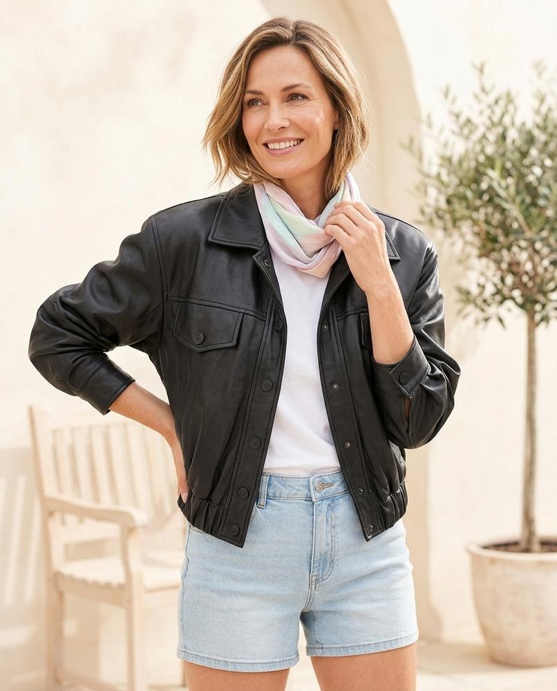 ExpressOutlet24 - Mumul | Button-Front Blouson-Style Leather Jacket Women
