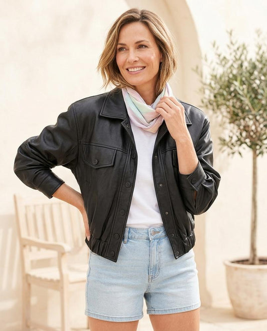 ExpressOutlet24 - Mumul | Button-Front Blouson-Style Leather Jacket Women