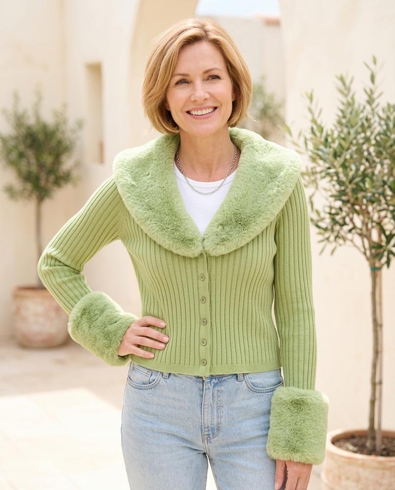ExpressOutlet24 - Tavok | Rib-Knit Fur-Trimmed Knit Cardigan Women