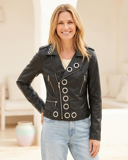 ExpressOutlet24 - Kufis | Eyelet-Embellished Asymmetrical Leather Jacket Women