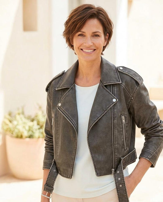 ExpressOutlet24 - Mevot | Washed Belted Leather Jacket Women