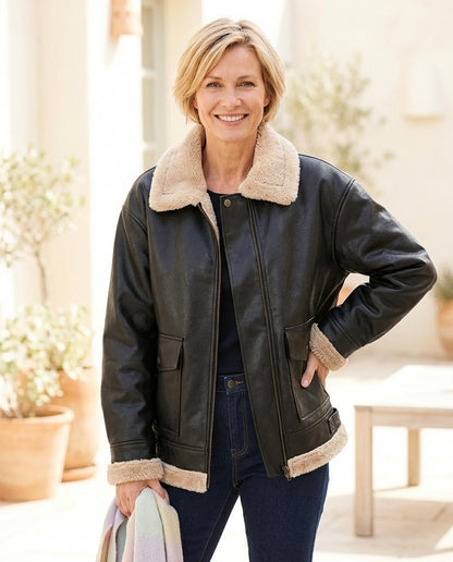 ExpressOutlet24 - Talim | Shearling-Lined Wide-Cut Leather Jacket Women