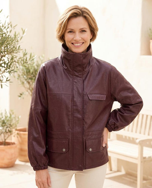 ExpressOutlet24 - Cuwok | High-Collar Multi-Pocket Leather Jacket Women