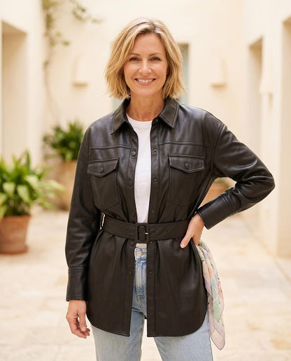 ExpressOutlet24 - Eakin | Faux Leather Belted Shirt Dress Women
