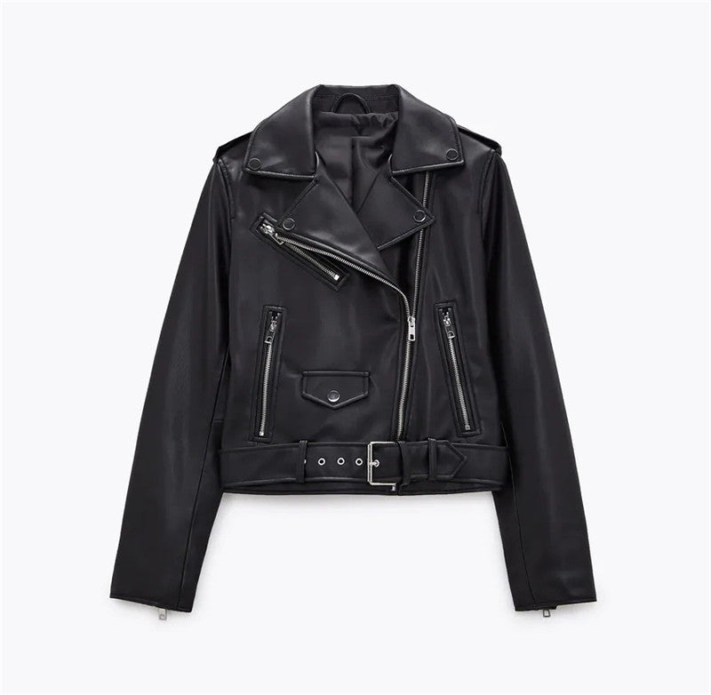 ExpressOutlet24 - Aalet | Asymmetrical Belted Leather Jacket Women